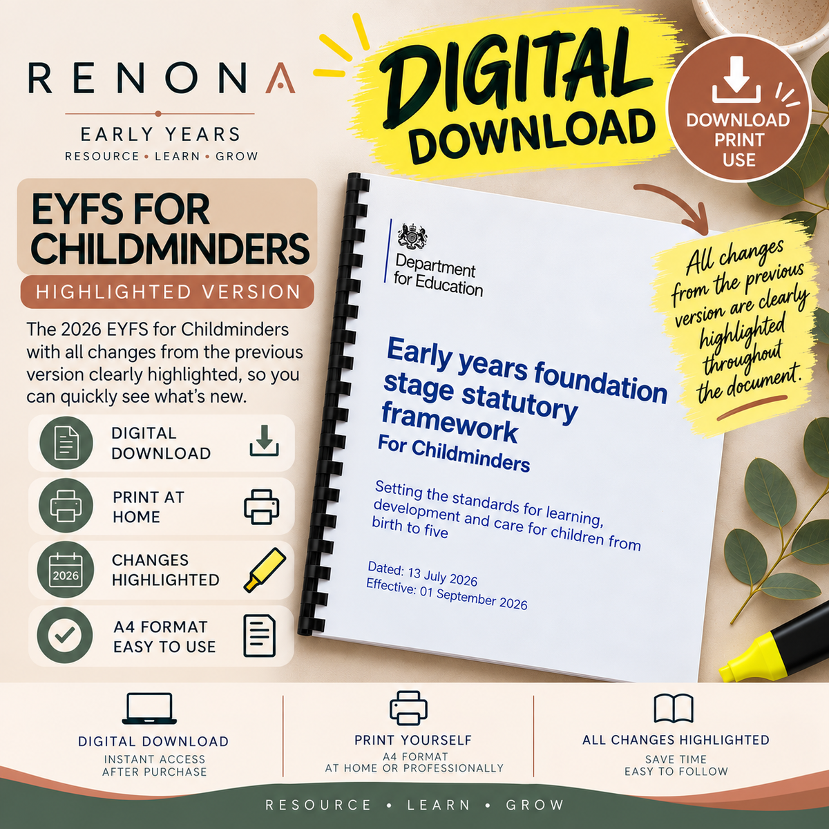 DIGITAL DOWNLOAD Changes Highlighted Version - EYFS Statutory Guidance Childminders 2026