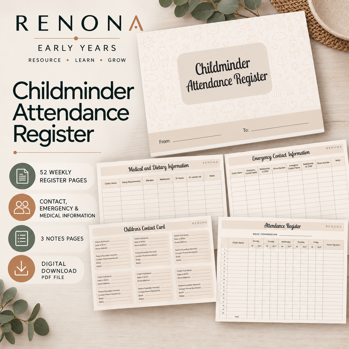 DIGITAL DOWNLOAD - Childminder Attendance Register – 52 Week Record Book